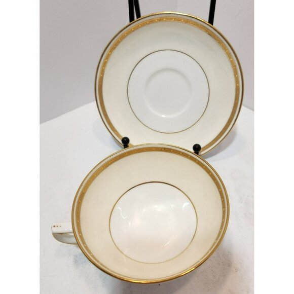 Antique Mintons England Footed Cup & Saucer H3251 Gold Encrusted Band Cream Rim - Picture 11 of 16